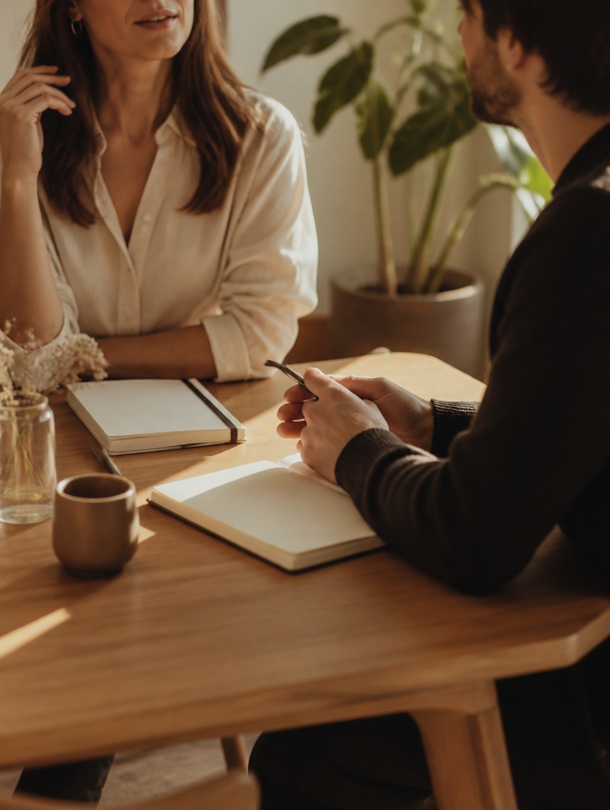 Conversación de trabajo sobre mesa roble