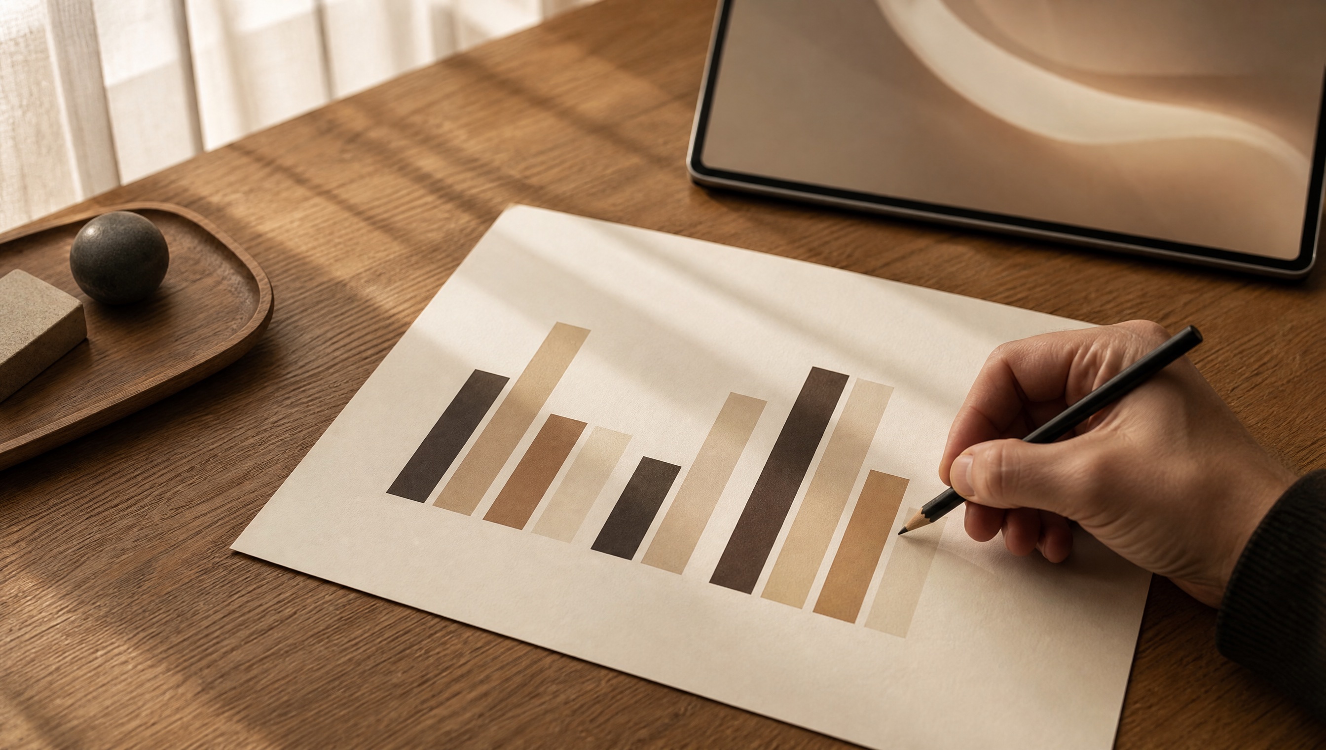 Gráfico impreso y mano anotando junto a dispositivo