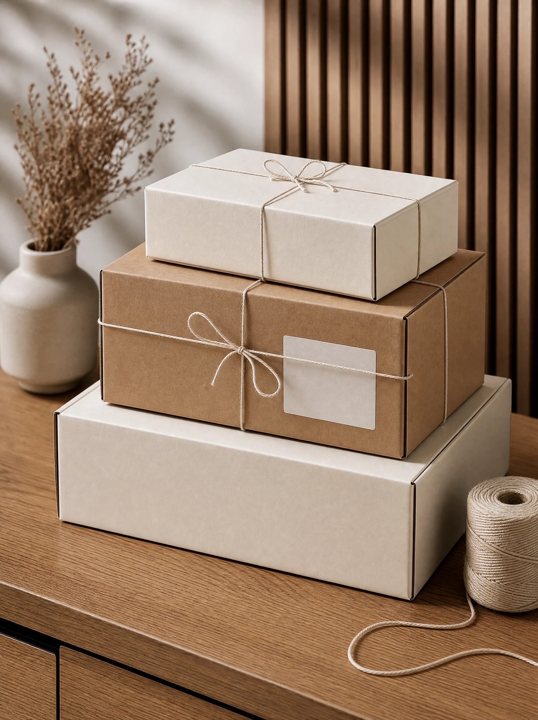 Estilo Empaque — cajas cream y kraft listas para despacho