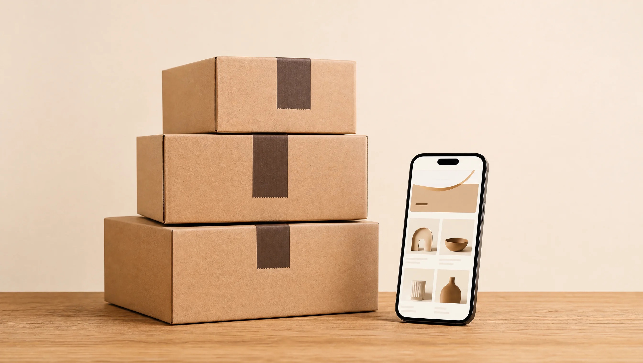 Hero Permanencia Servicio — estudio ecommerce con paquetes sobre roble
